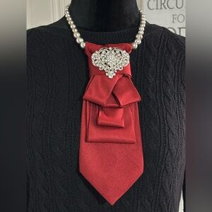 Red Valentine Necktie Necklace Rhinestone Crystal Heart Brooch OOAK Handcrafted